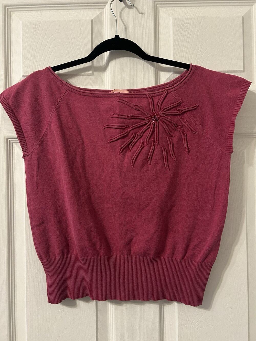 Bandolino Y2K Silk Blend Knit Top Pink Beaded Floral Detail Size L